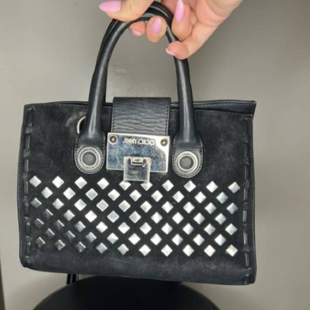Jimmy Choo Black Suede Mini Tote with Silver Stud Detailing